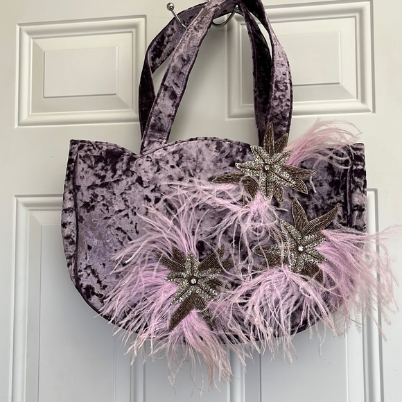 Handbags - NWT Purple Shoulder handbag with Beaded Appliquéd and  Feathers.